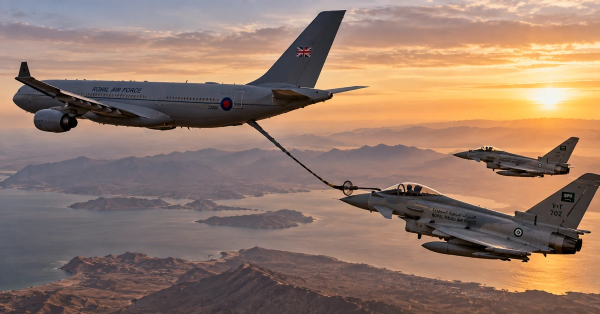 AI-generated editorial illustration representing an RAF tanker providing air-to-air refuelling support to Saudi combat aircraft.