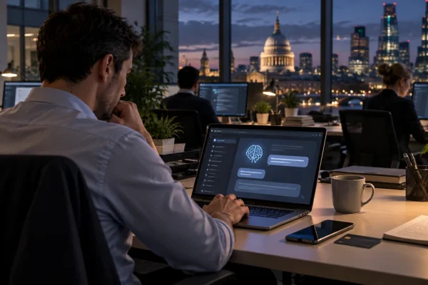 An office worker using an AI assistant on a personal laptop in a modern London workplace.