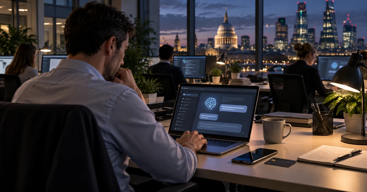 An office worker using an AI assistant on a personal laptop in a modern London workplace.