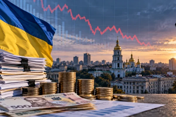 Ukrainian flag above Kyiv with financial documents, currency and an economic chart