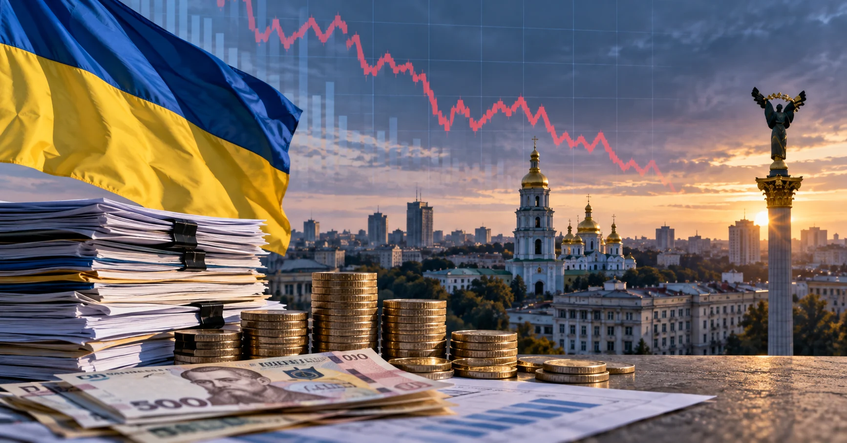 Ukrainian flag above Kyiv with financial documents, currency and an economic chart