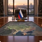 Empty three-sided diplomatic table with Ukrainian, Russian and American flags surrounding a map of Ukraine
