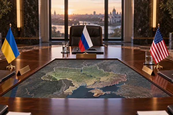 Empty three-sided diplomatic table with Ukrainian, Russian and American flags surrounding a map of Ukraine