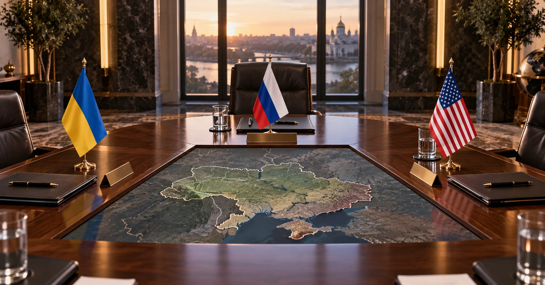 Empty three-sided diplomatic table with Ukrainian, Russian and American flags surrounding a map of Ukraine