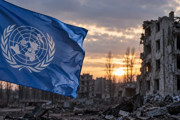 Editorial illustration of a United Nations flag beside war-damaged buildings representing the UN investigation into conflict-related sexual violence in Ukraine.