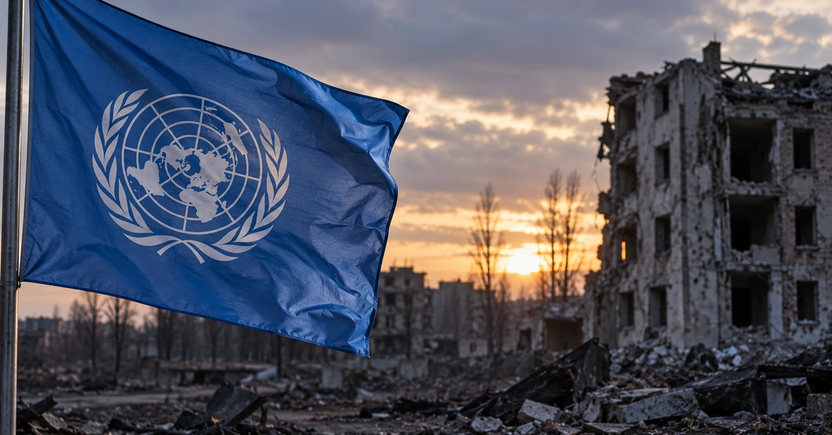 Editorial illustration of a United Nations flag beside war-damaged buildings representing the UN investigation into conflict-related sexual violence in Ukraine.
