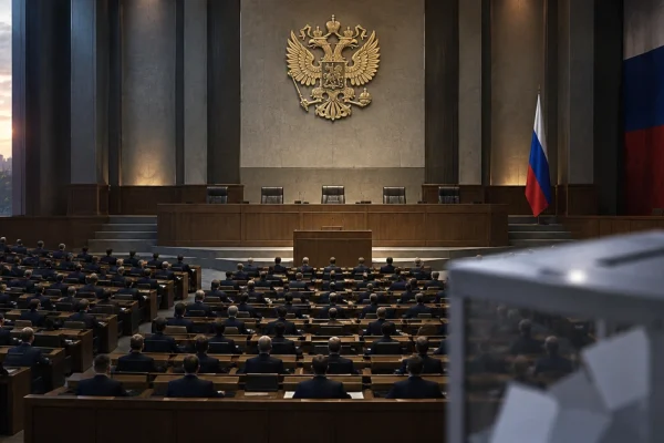 Editorial illustration representing Russia’s State Duma and parliamentary election.