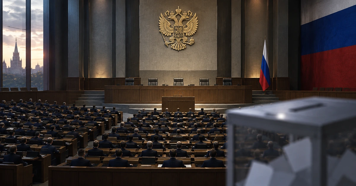 Editorial illustration representing Russia’s State Duma and parliamentary election.