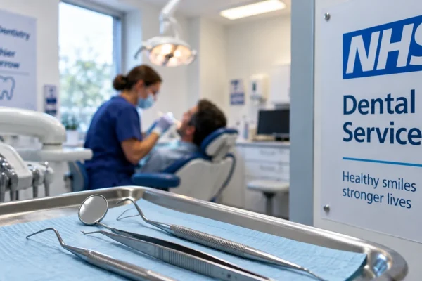 NHS dental clinic with dental instruments and a patient receiving treatment