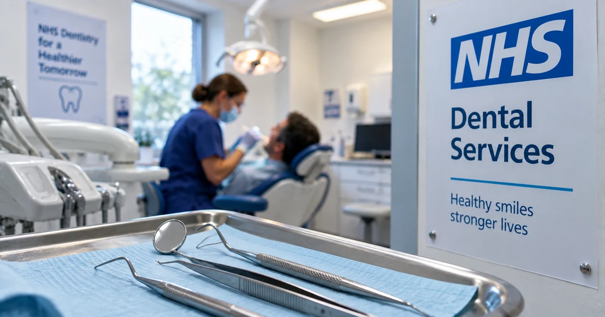 NHS dental clinic with dental instruments and a patient receiving treatment