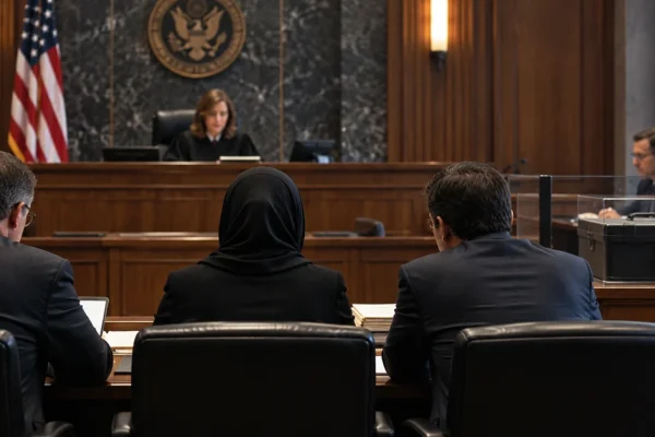 Illustration of a federal courtroom hearing involving classified national-security evidence.