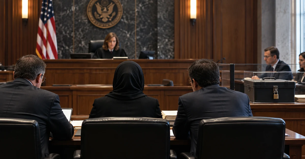 Illustration of a federal courtroom hearing involving classified national-security evidence.
