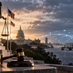 Illustration of a transatlantic legal dispute between US free-speech protections and UK online regulation.