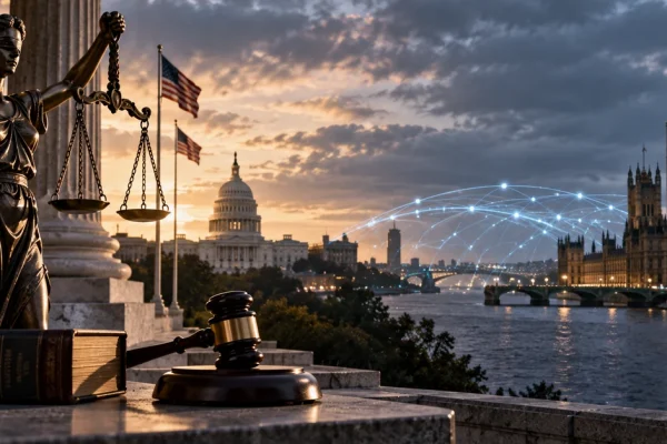 Illustration of a transatlantic legal dispute between US free-speech protections and UK online regulation.