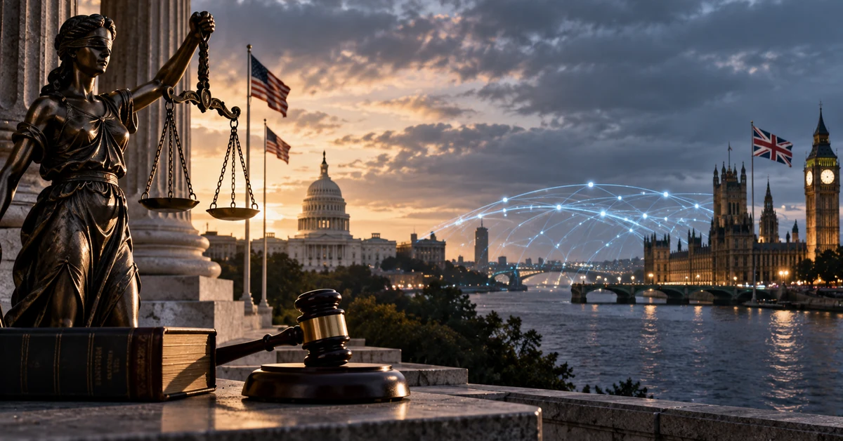 Illustration of a transatlantic legal dispute between US free-speech protections and UK online regulation.