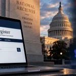 Illustration of the US Federal Register website using Alibaba's Qwen AI against a Washington and China technology backdrop.