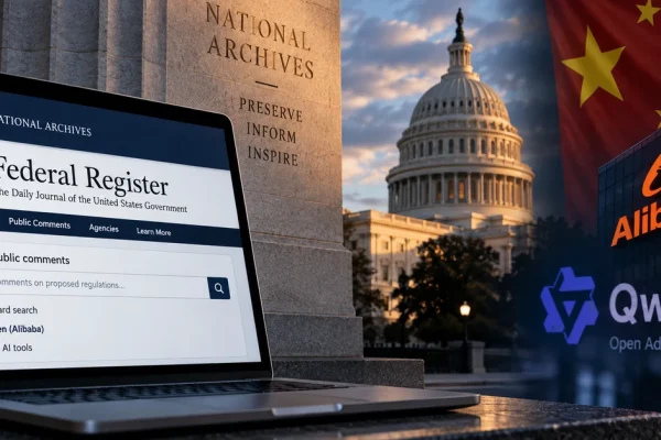 Illustration of the US Federal Register website using Alibaba's Qwen AI against a Washington and China technology backdrop.