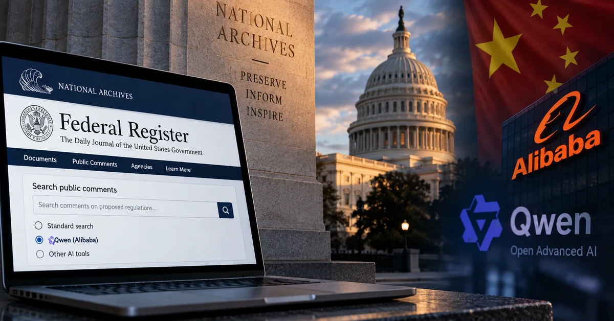 Illustration of the US Federal Register website using Alibaba's Qwen AI against a Washington and China technology backdrop.