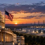 Illustration of the US Capitol beside a large electricity-intensive data centre and transmission infrastructure.