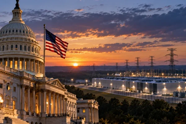 Illustration of the US Capitol beside a large electricity-intensive data centre and transmission infrastructure.