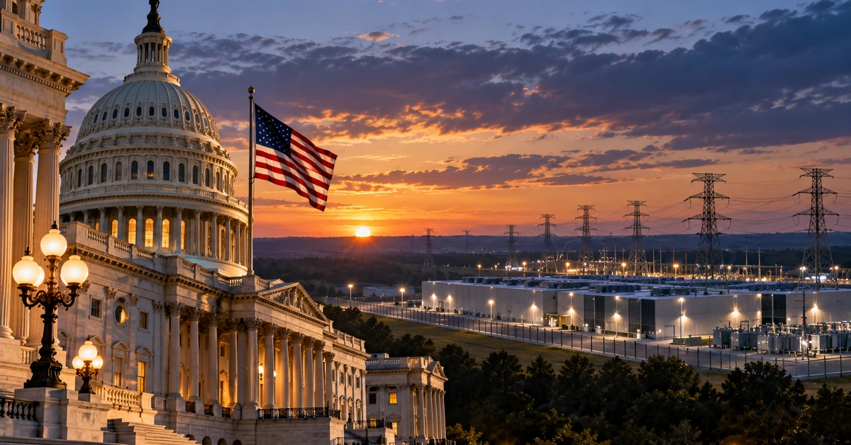 Illustration of the US Capitol beside a large electricity-intensive data centre and transmission infrastructure.