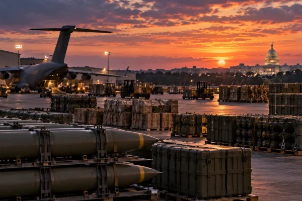 U.S. military munitions and cargo equipment at an airbase with the Capitol visible at sunset, illustrating the financial and readiness costs of war.