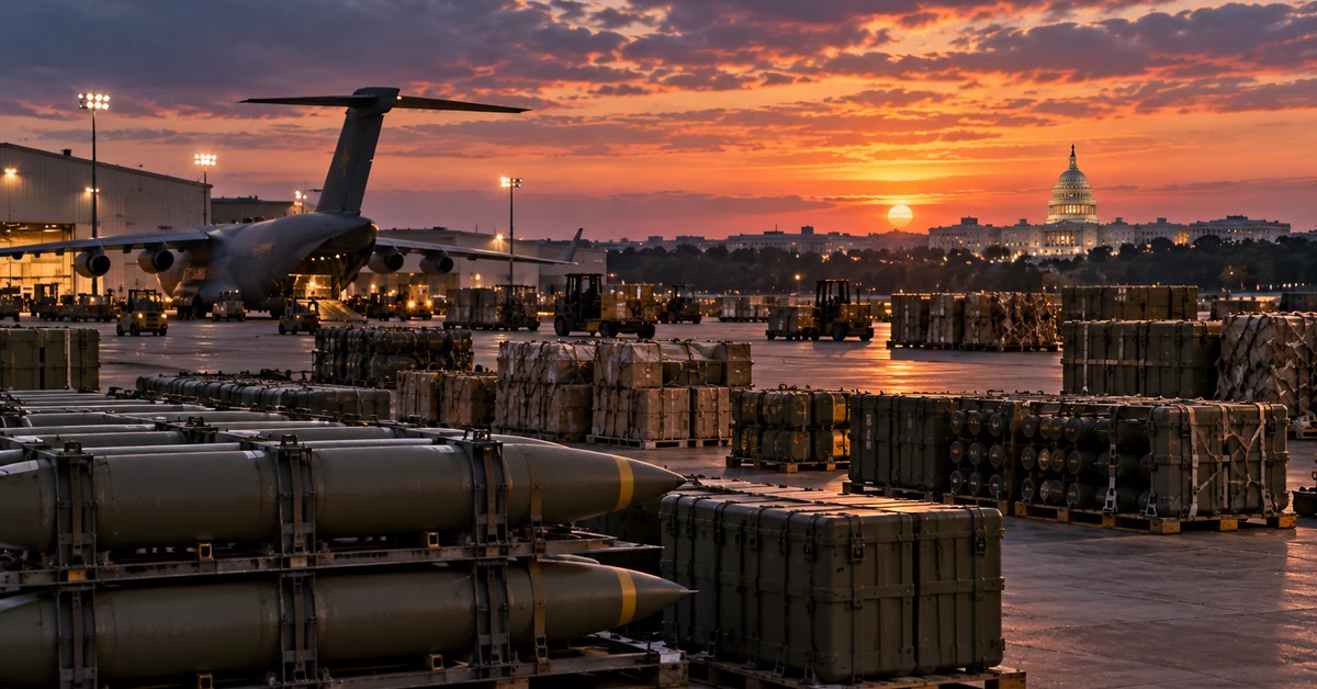 U.S. military munitions and cargo equipment at an airbase with the Capitol visible at sunset, illustrating the financial and readiness costs of war.
