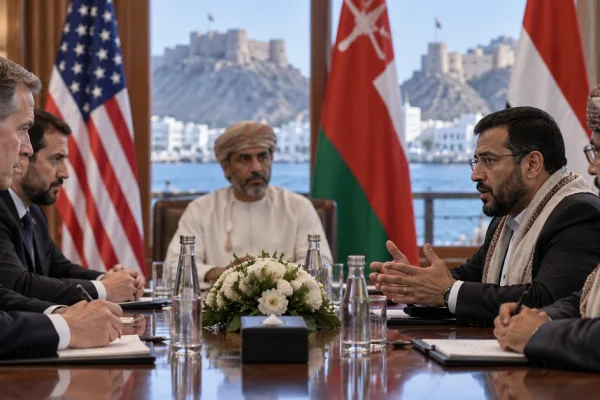 Illustration of US and Houthi representatives meeting with an Omani mediator in Muscat.