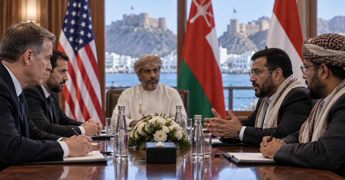 Illustration of US and Houthi representatives meeting with an Omani mediator in Muscat.