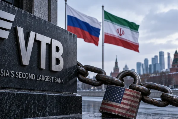 VTB banking imagery with Russian and Iranian flags and a US sanctions motif, illustrating Washington's new Iran-related action against the Russian bank.