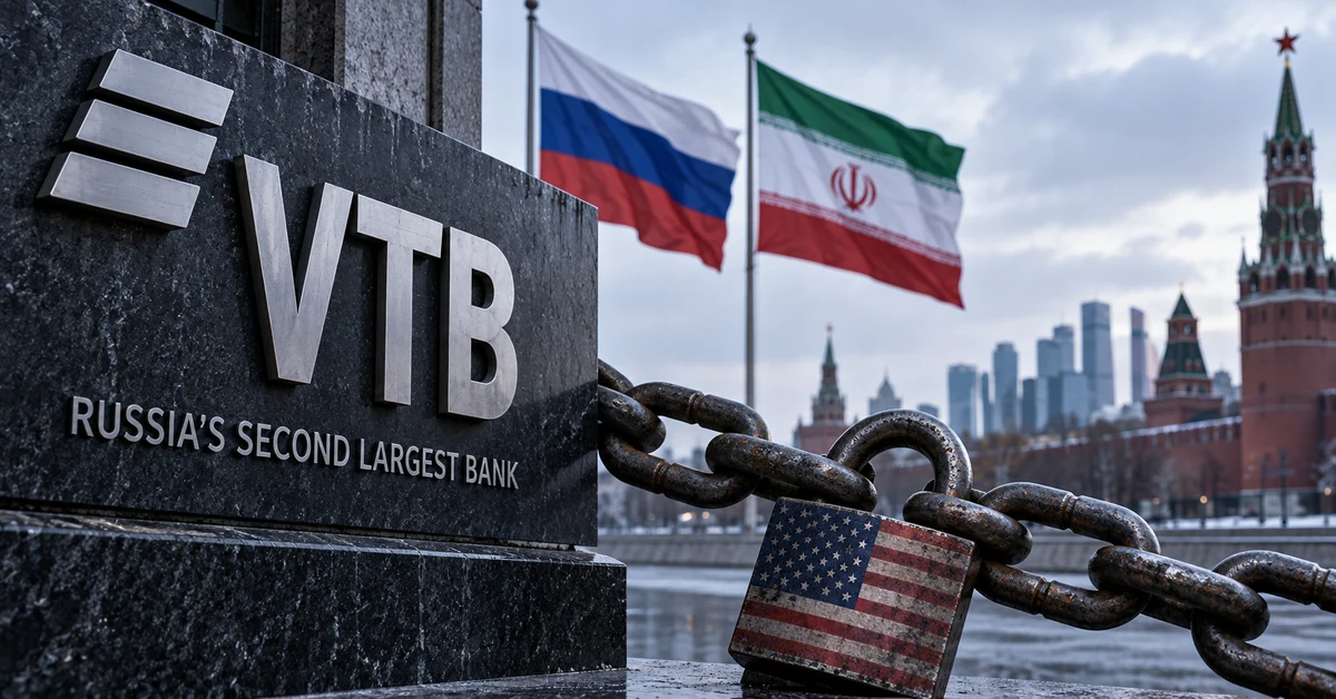 VTB banking imagery with Russian and Iranian flags and a US sanctions motif, illustrating Washington's new Iran-related action against the Russian bank.