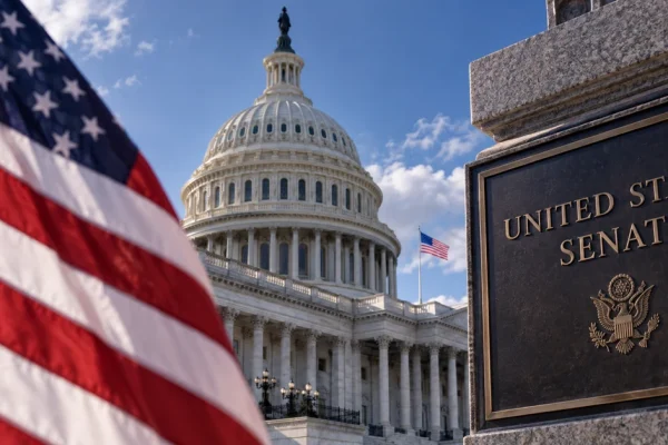 United States Capitol and Senate signage representing proposed federal regulation of frontier artificial intelligence
