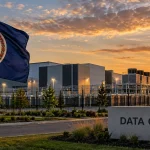 Editorial illustration of a large data-centre campus in Virginia with the state flag at sunset.