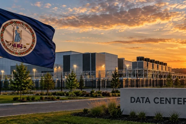 Editorial illustration of a large data-centre campus in Virginia with the state flag at sunset.