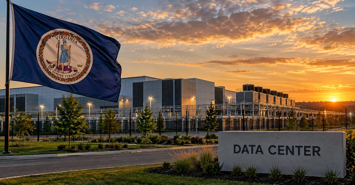 Editorial illustration of a large data-centre campus in Virginia with the state flag at sunset.
