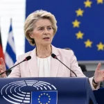 Illustration of Ursula von der Leyen addressing European governments on a proposed new security mechanism.