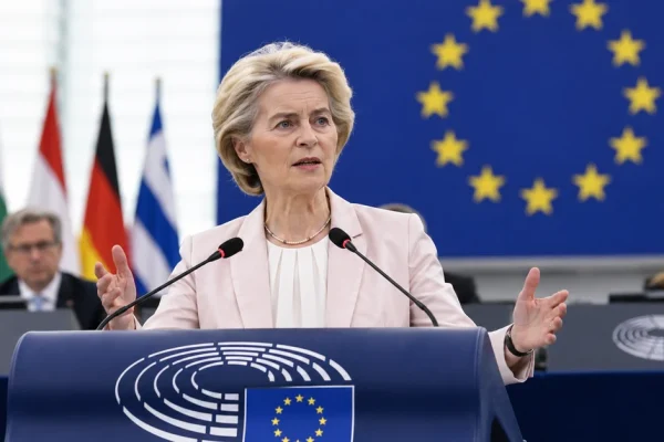 Illustration of Ursula von der Leyen addressing European governments on a proposed new security mechanism.