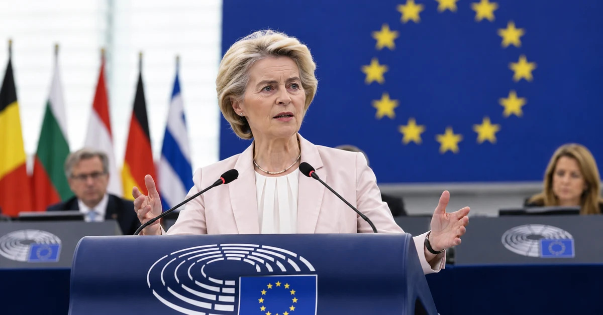 Illustration of Ursula von der Leyen addressing European governments on a proposed new security mechanism.