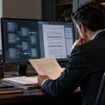 Editorial illustration of a lawyer reviewing documents beside an AI-assisted legal research screen.
