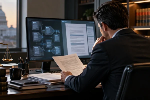 Editorial illustration of a lawyer reviewing documents beside an AI-assisted legal research screen.