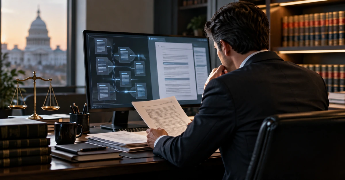 Editorial illustration of a lawyer reviewing documents beside an AI-assisted legal research screen.