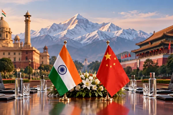 Indian and Chinese flags facing each other across a diplomatic table with the Himalayas between government architecture