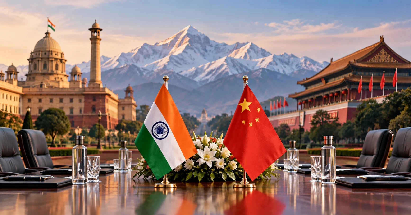 Indian and Chinese flags facing each other across a diplomatic table with the Himalayas between government architecture