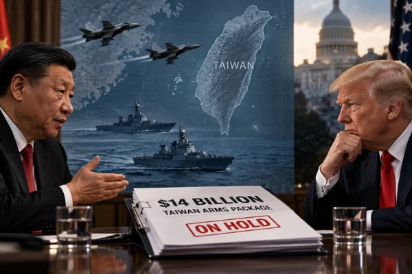 AI-generated editorial illustration representing US-China negotiations over American arms sales to Taiwan.