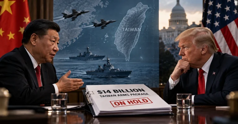 AI-generated editorial illustration representing US-China negotiations over American arms sales to Taiwan.