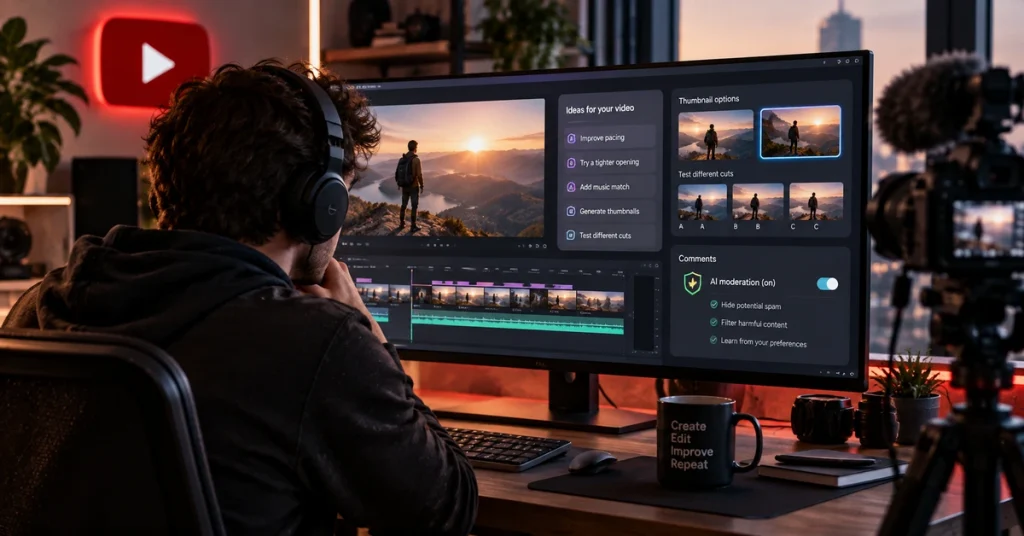AI-generated editorial illustration of a video creator working with AI-assisted editing and production tools.