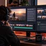 AI-generated editorial illustration of a video creator working with AI-assisted editing and production tools.