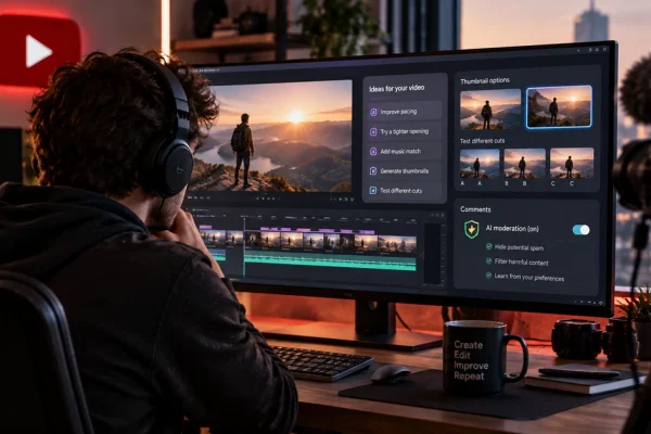 AI-generated editorial illustration of a video creator working with AI-assisted editing and production tools.