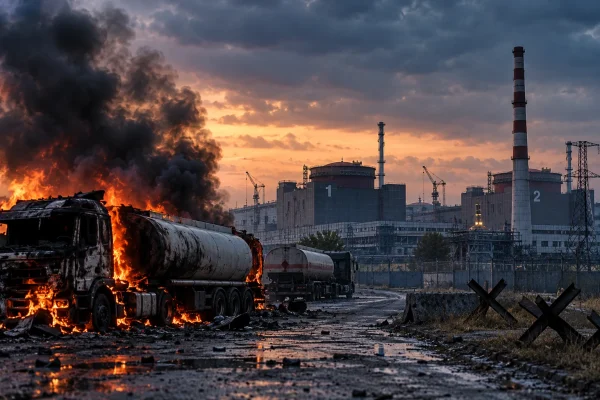 Damaged fuel trucks on a battlefield road near a large nuclear power station at dusk