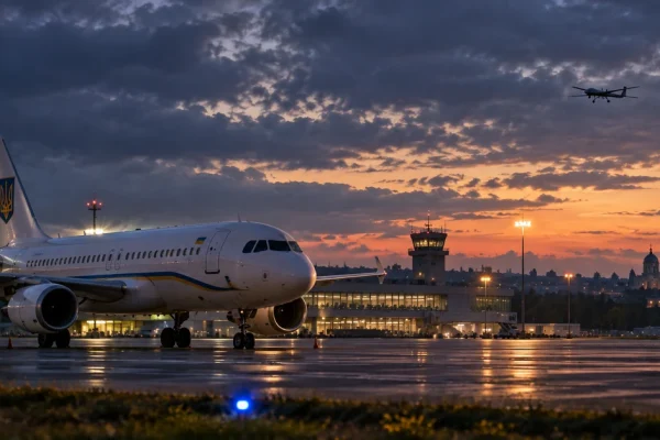 A Ukrainian government-style aircraft at a Moldovan airport at dusk with an unidentified drone visible in the distance.